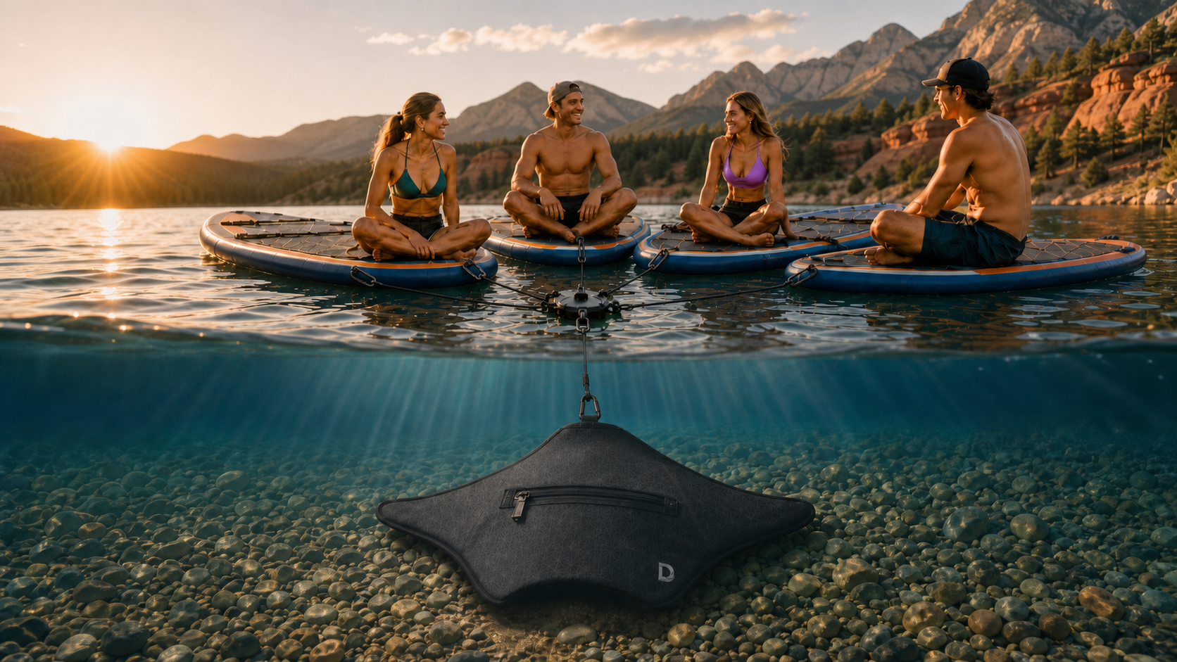 Paddleboarders connected on a calm Colorado-inspired lake using a soft anchor system.
