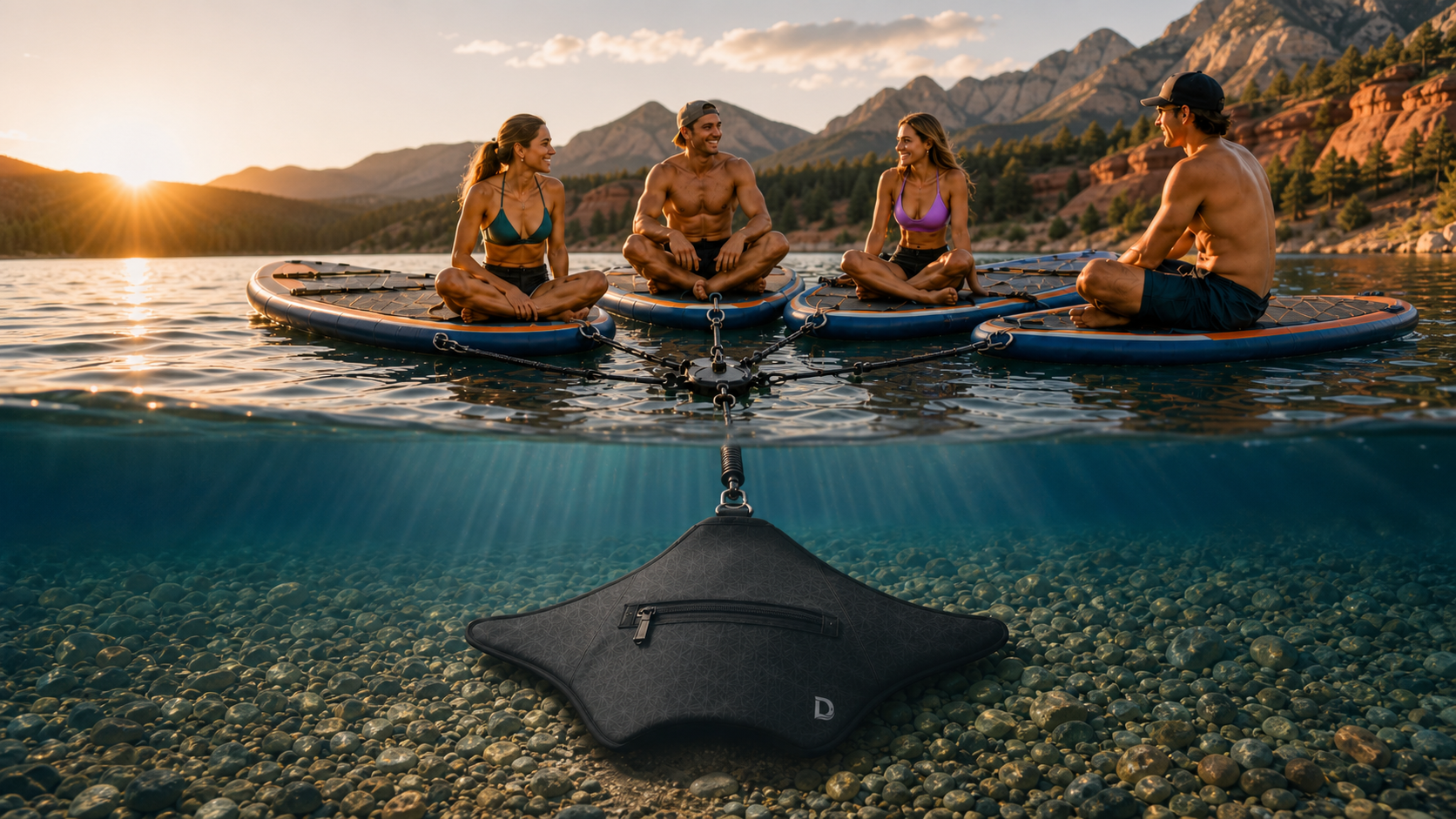 Four paddleboarders relaxing together on a Colorado-inspired lake at sunset.