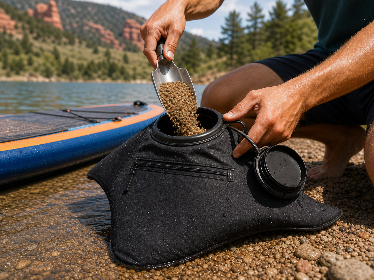 A soft manta-shaped DriftLock bag being filled with local sand beside a paddleboard.