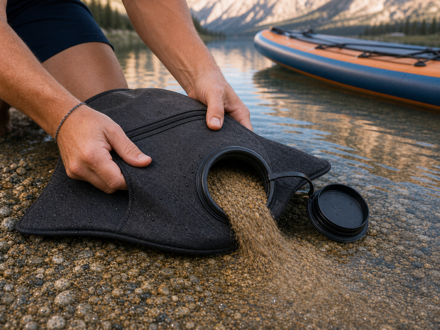 A manta-shaped DriftLock bag releasing local sand through the quick-release hatch.
