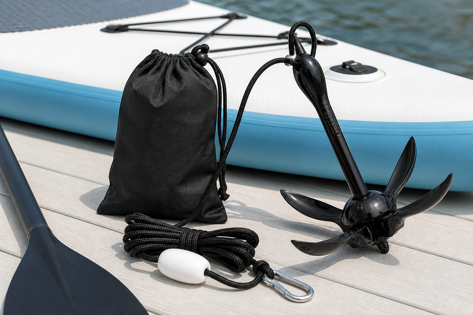 A folding metal paddleboard anchor kit with pointy flukes, rope, float, and storage pouch.